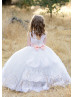 Beaded White Lace Tulle Corset Back Flower Girl Dress
